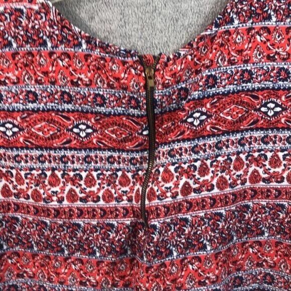 Vintage-Inspired Mileage Sleeveless Red & Blue Patterned Blouse With Keyhole Det - Picture 13 of 15